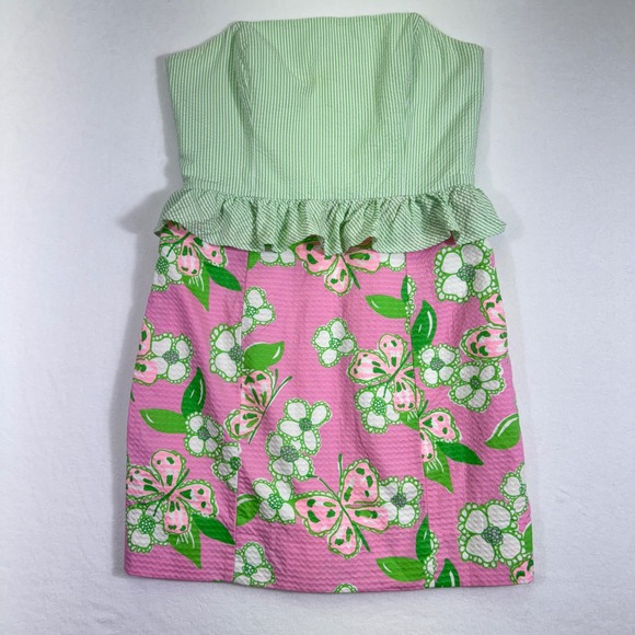 Lilly Pulitzer Strapless Dress Ruffle Pink Floral Seersucker Party Size 6 - READ - Picture 1 of 8